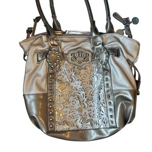 Kathy Van Zeeland Satchel Y2K Shoulder Bag Purse Tote‎ Metallic Champagne Floral